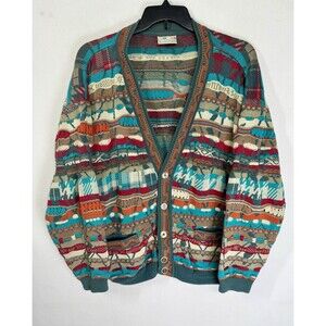 Vtg 90s Coogi Australia Cardigan Button Sweater Men’s XL Turquoise Wave 3D Knit